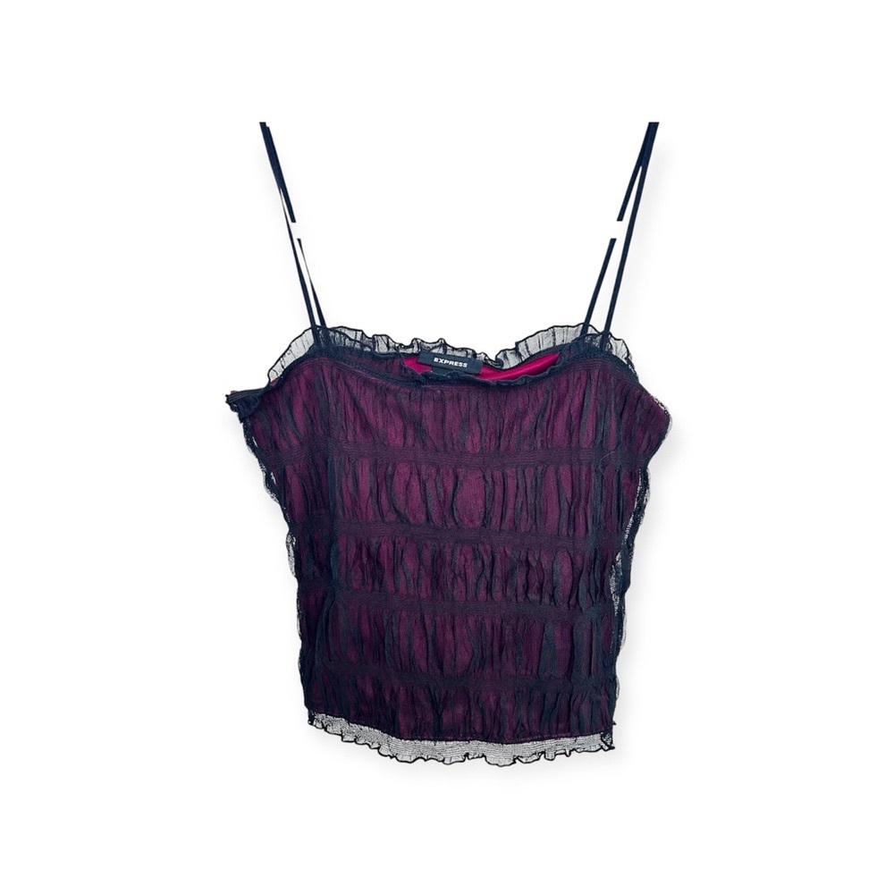 Express Vintage Ruched Mesh Ruffle Black and Red Women's Tank Top